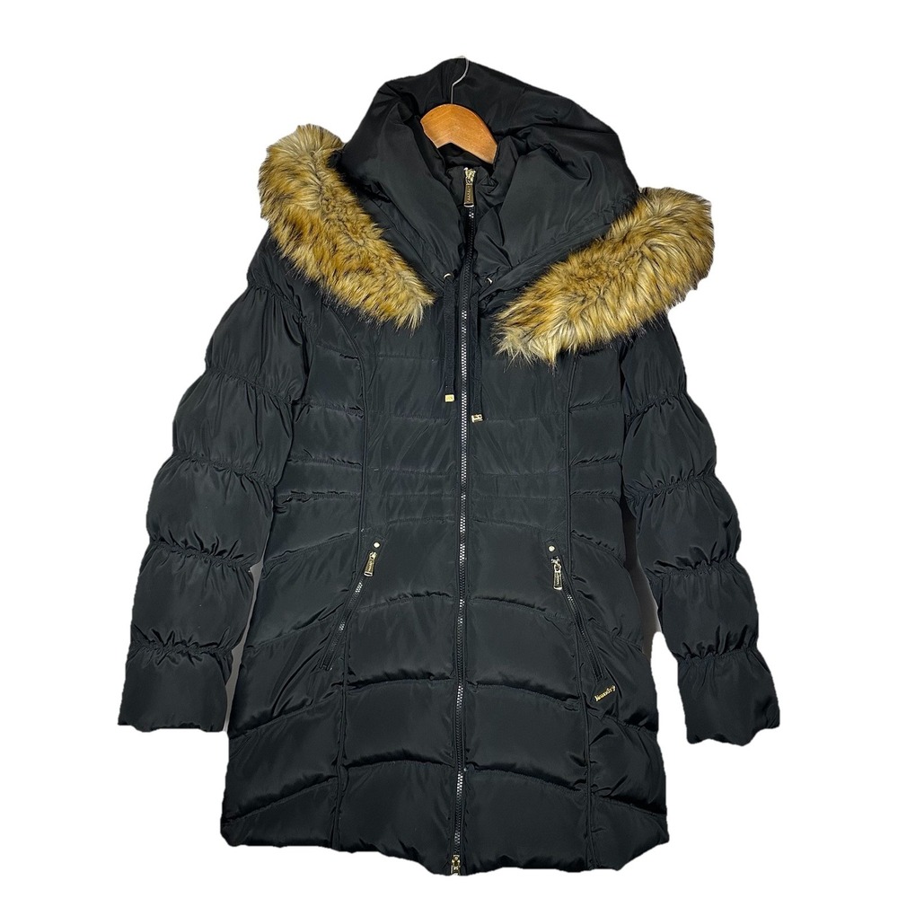 Laundry by Shelli Segal Women's Black Hooded Puffer Coat Faux Fur Trim Size M